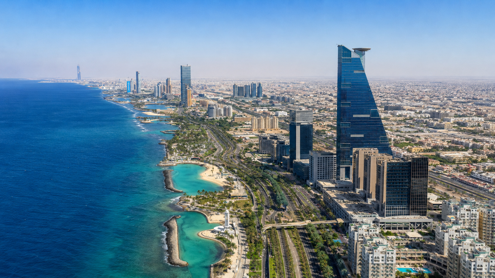 Aerial view of the Jeddah corniche on the Red Sea, with the city skyline along the shoreline