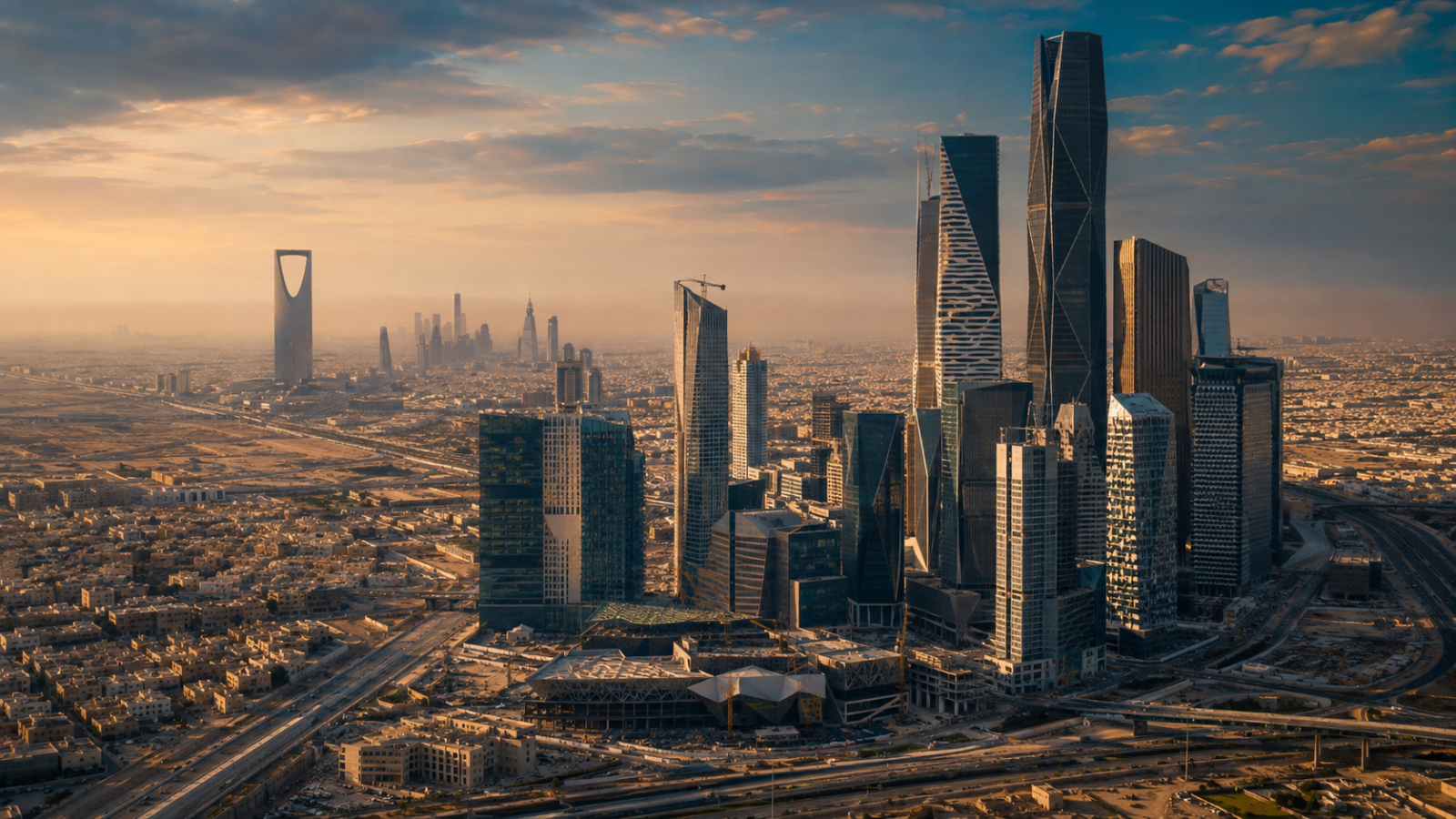 Aerial view of the Riyadh skyline at sunset, with the King Abdullah Financial District towers in the foreground