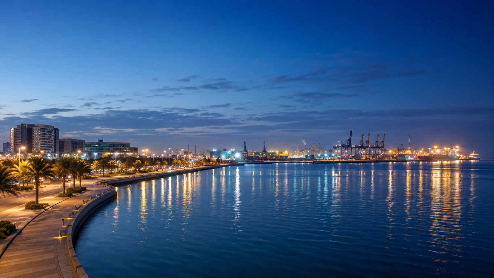The Dammam waterfront at dusk, with the port and commercial buildings reflected in the Arabian Gulf