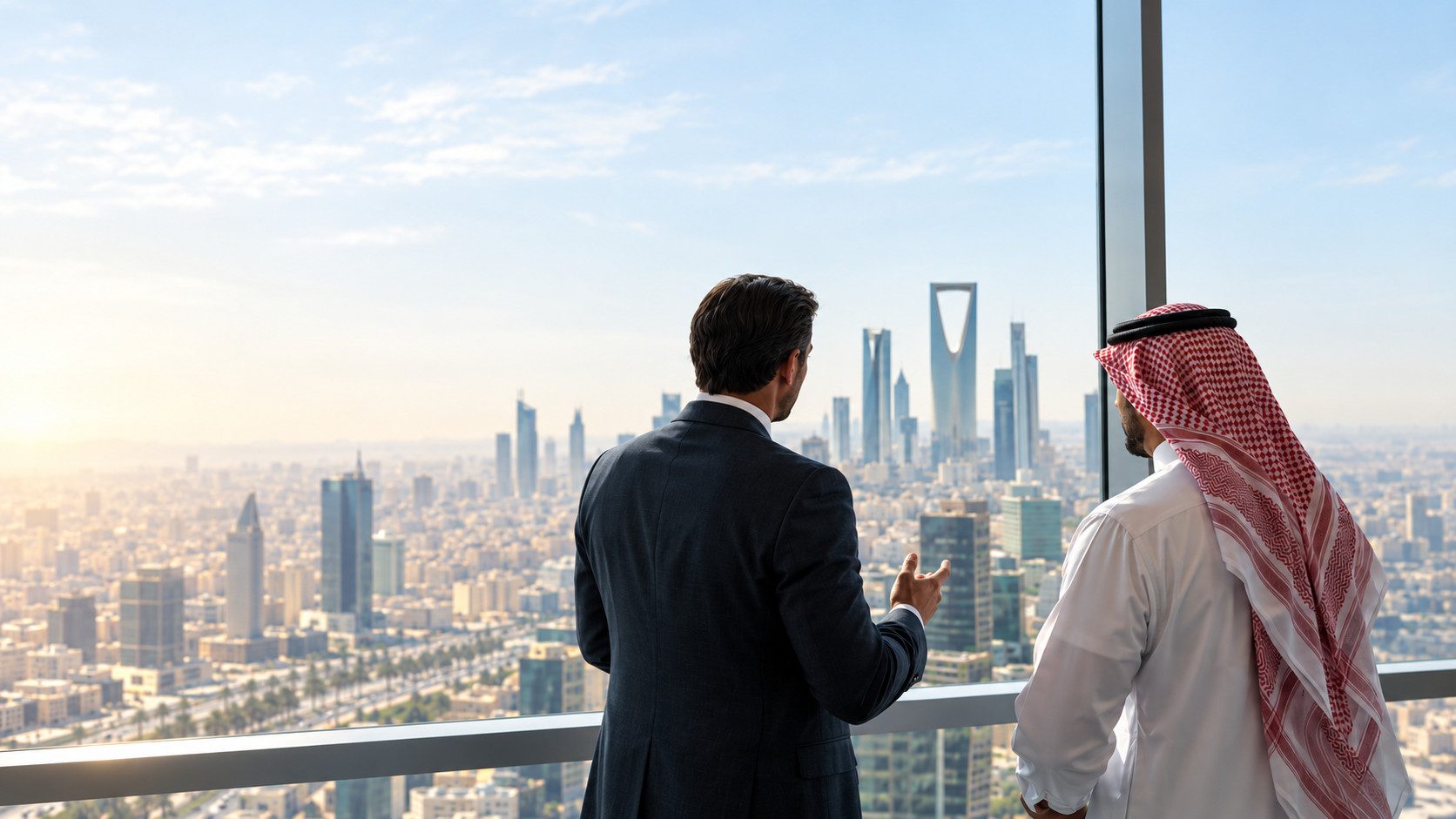 Two business advisers looking out over the Riyadh skyline from a high-rise office, discussing a Saudi company structure