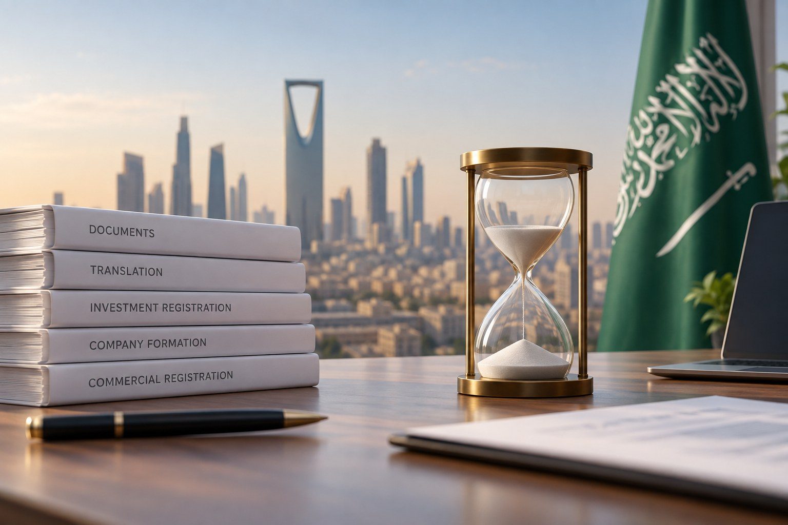 A desk overlooking the Riyadh skyline with a brass hourglass, a Saudi flag, and a stack of files labelled Documents, Translation, Investment Registration, Company Formation and Commercial Registration.