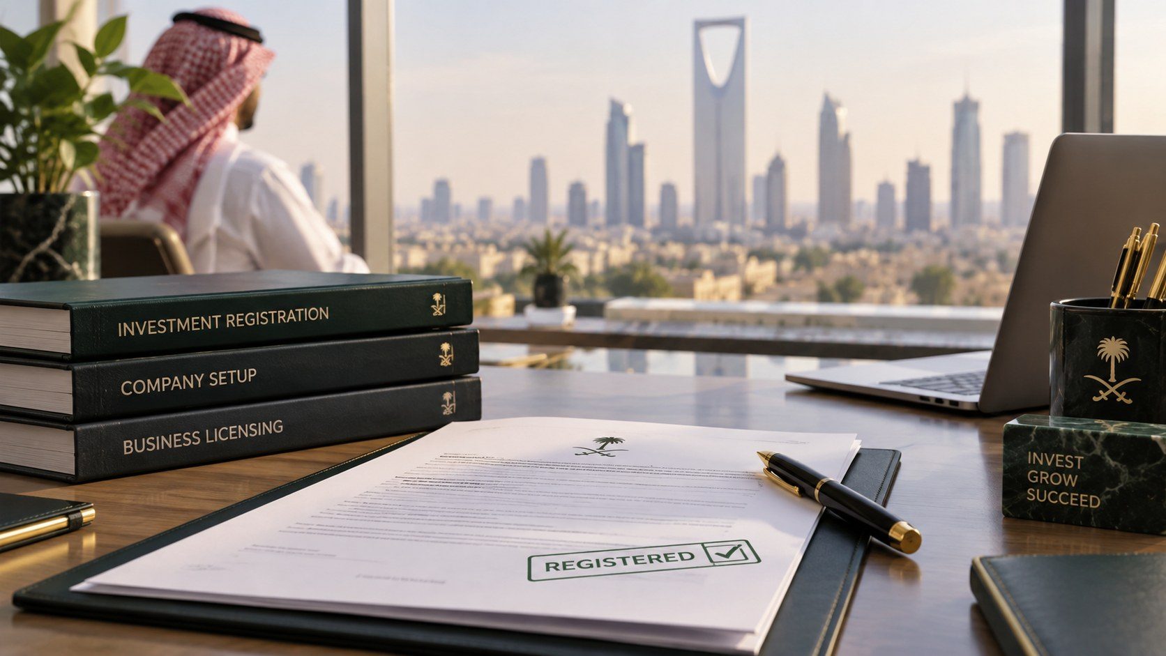 An executive looking out over the Riyadh skyline, with Saudi-crested volumes labelled Investment Registration, Company Setup and Business Licensing beside a document stamped Registered.