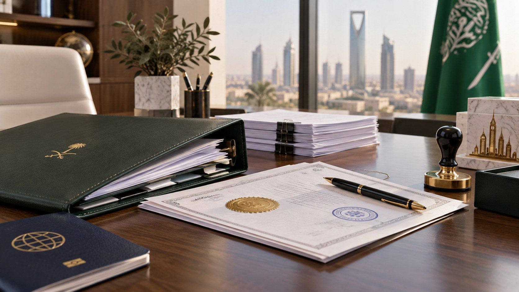 An executive desk with a Saudi-crested document binder, a sealed and stamped certificate, a notary stamp and a passport, with the Riyadh skyline beyond.