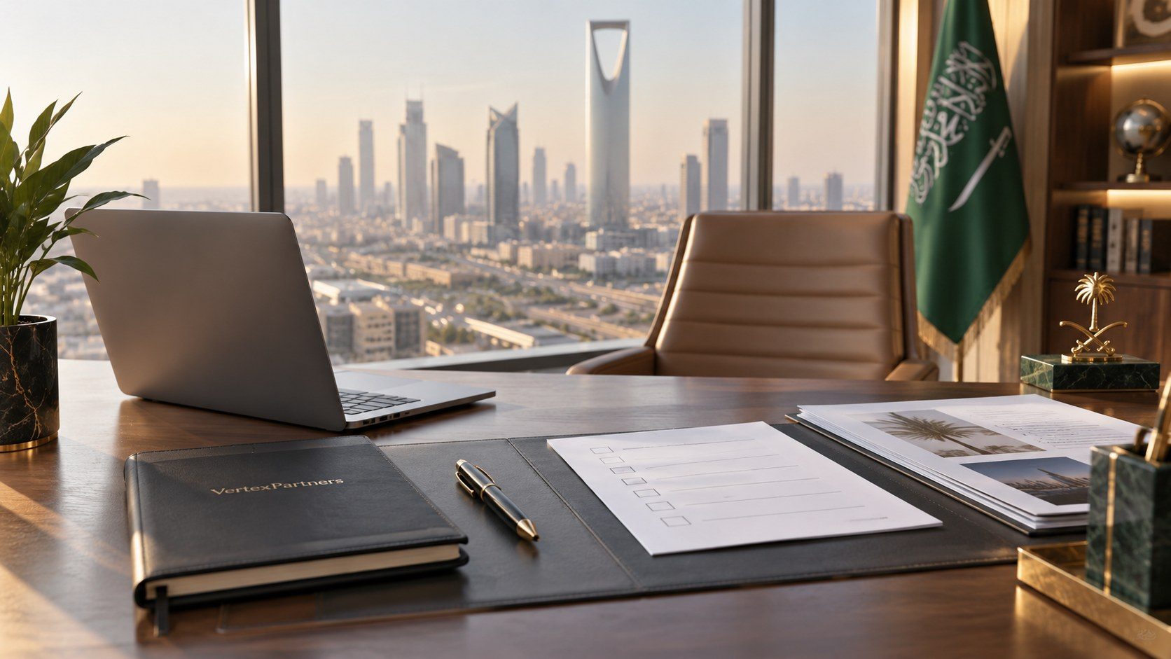 A desk overlooking the Riyadh skyline with a laptop, a Vertex Partners folder, a checklist and the Saudi flag.
