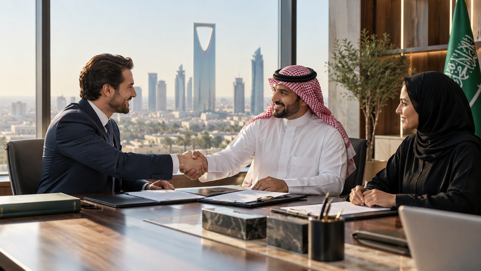 A foreign investor shaking hands with a Saudi partner across a desk while a colleague takes notes, with the Riyadh skyline behind.