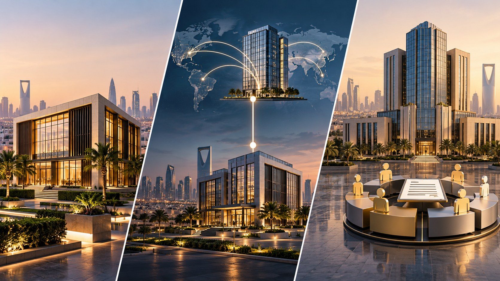 Three panels comparing company structures: a standalone building, a branch linked to a global network, and a shareholders' boardroom.