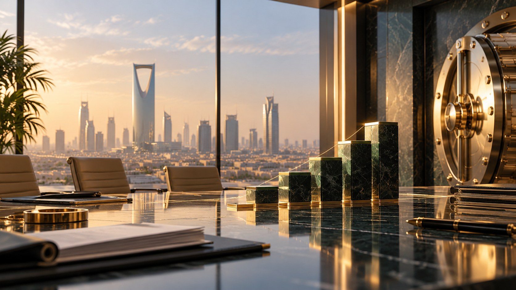 A marble office with a bank vault door and rising stacks of gold coins, overlooking the Kingdom Centre in Riyadh.