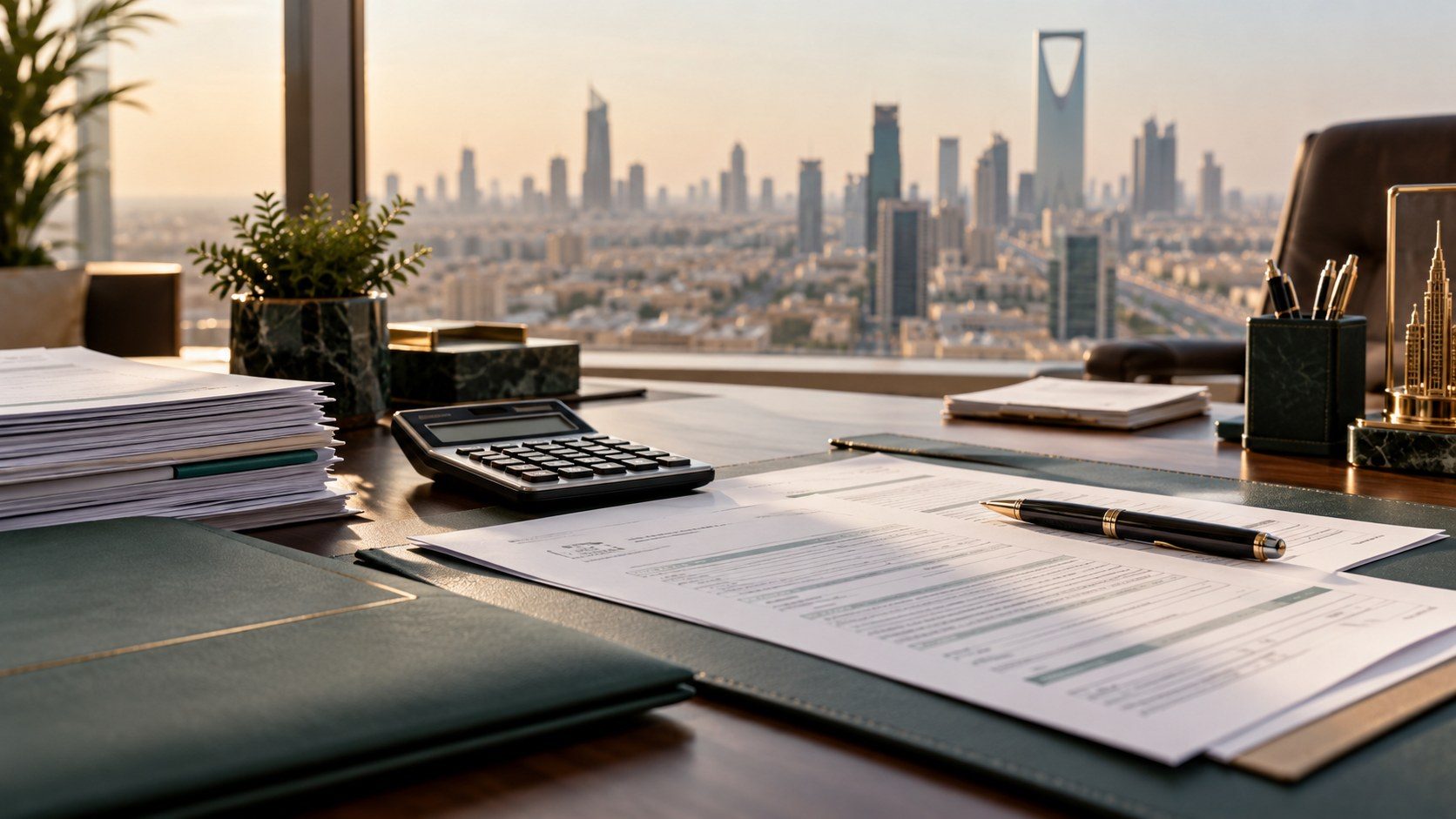 A Riyadh office desk with a calculator, fee documents and a pen, overlooking the city skyline.